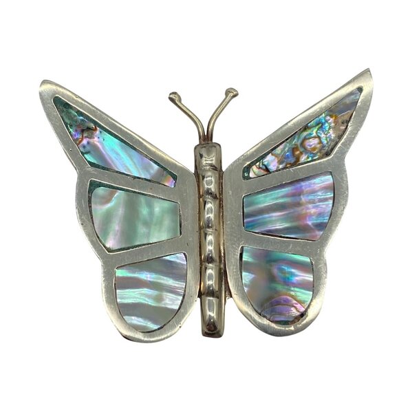 Vtg Sterling Silver Abalone Butterfly Brooch Signed Alpacha Shell Inlay Mexico - Picture 1 of 12